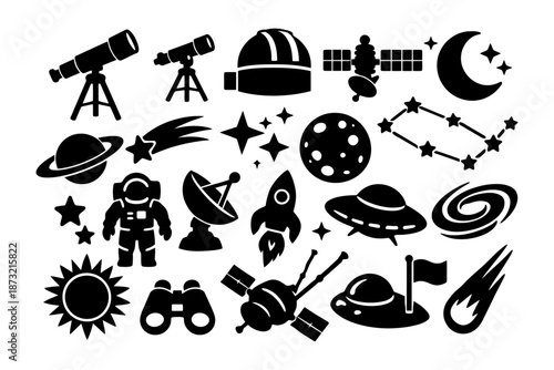 Space exploration silhouettes: telescopes, astronaut, rockets, planets, and stars.