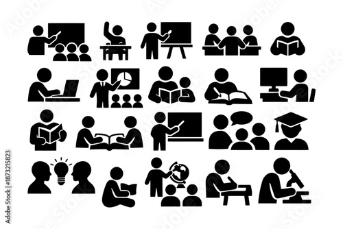 Educational icons set: learning, teaching, reading, lecture, classroom.