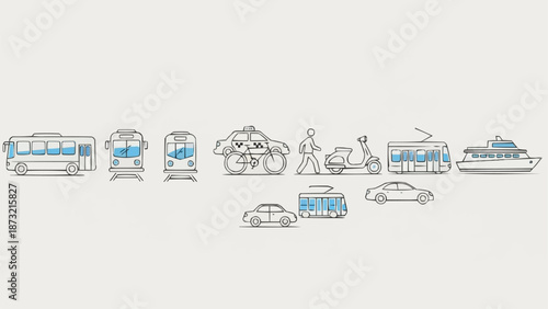 Collection of diverse transportation vehicles in a line.