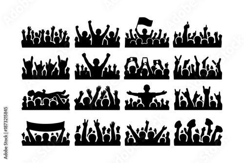 Crowd silhouettes with raised hands at concert or event.
