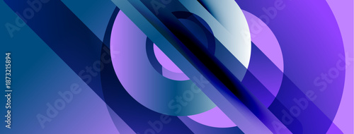 Abstract composition. Blue, purple hues blend. Geometric shapes overlap creating dynamic visual effect. Modern design.