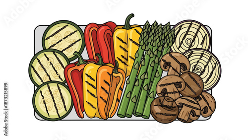 An appetizing arrangement of diverse grilled vegetables featuring colorful bell peppers, fresh asparagus, earthy mushrooms, tender zucchini, and