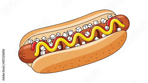 A classic hot dog illustration featuring a grilled frankfurter in a soft bun generously topped with vibrant yellow mustard and crisp white chopped