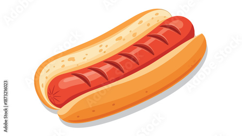 A vibrant illustration presents a classic grilled frankfurter nestled in a soft golden bun, ready for enjoyment. This iconic American fast food item