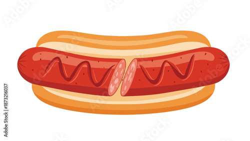 Delicious illustration of a sliced hot dog in a soft bun with sauce