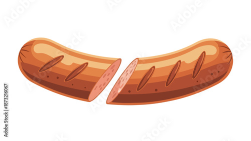 A charming vector illustration showcasing a perfectly grilled sausage, cleanly cut in half to expose its delicious cross-section, an appealing