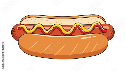 A vivid cartoon hot dog features a plump frankfurter in a golden bun, elegantly drizzled with vibrant yellow mustard and rich red ketchup, embodying