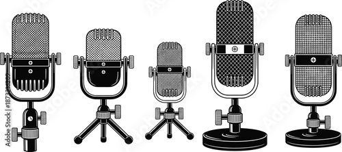 Vintage microphone illustration, retro audio gear, classic mesh grille, tripod stand, cylindrical base, professional sound equipment, broadcast icon set