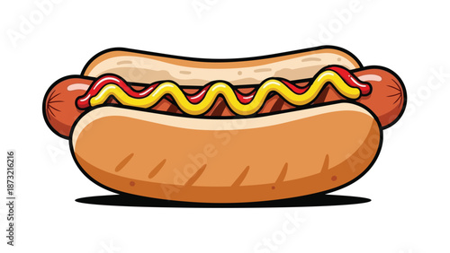 Classic frankfurter in a golden bun adorned with tangy mustard and vibrant ketchup lines a delectable illustration