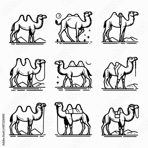 A set of nine black and white line drawings of camels in various poses on a white background with a simple graphic style.