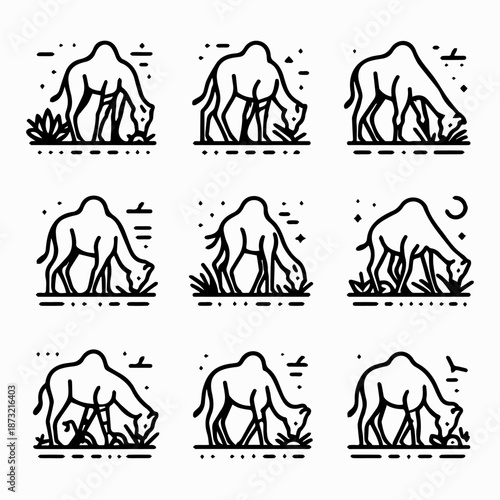 Set of eight black line art illustrations of a mammoth grazing in various natural environments with decorative elements.