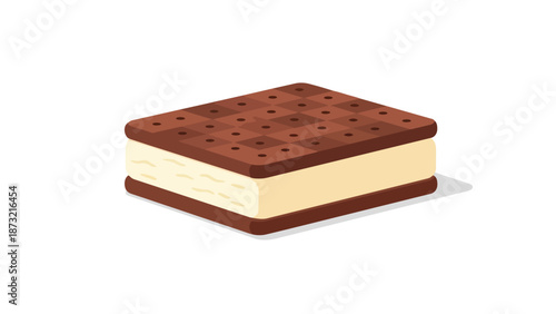 Deliciously rendered isometric ice cream sandwich graphic featuring two rich dark cocoa biscuit squares encasing a generous pale vanilla cream layer