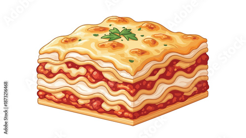 A vibrant illustration of a classic layered Italian lasagna with melted cheese and fresh parsley garnish.