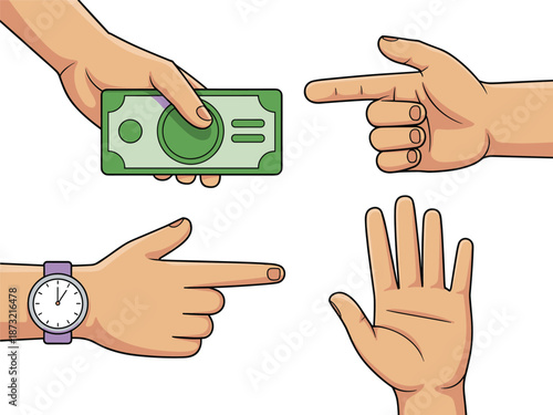Set of Human Hands Gesturing Concepts of Money Payment, Pointing, Time Management, and Stopping Illustration