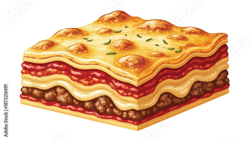 Hearty Italian lasagna slice, showcasing delectable layers of pasta, rich meat sauce, creamy cheese, and a golden baked top, inviting a truly