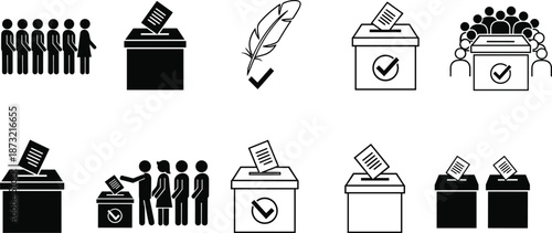 Voting icon set, ballot box illustration, civic engagement symbols, election participation, checkmark graphics, voter group, casting vote, democratic process