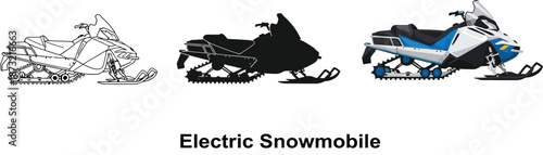 Collection of snowmobile illustrations including a line drawing silhouette and full color vector for winter sports and transportation concepts
