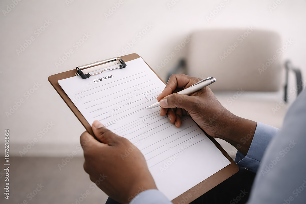 Naklejka premium Healthcare professional filling out patient intake form on clipboard