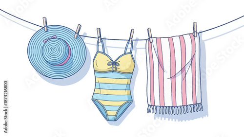 Summer Swimsuit and Towel Hanging on Clothesline Illustration