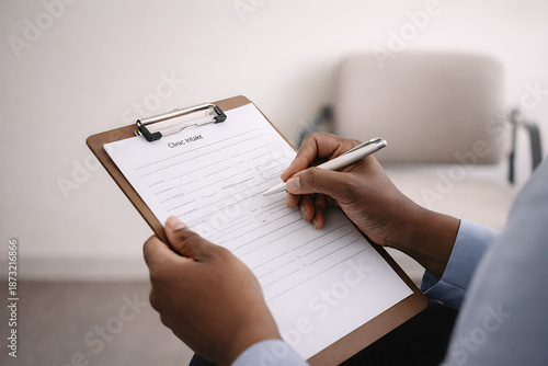Healthcare professional filling out patient intake form on clipboard