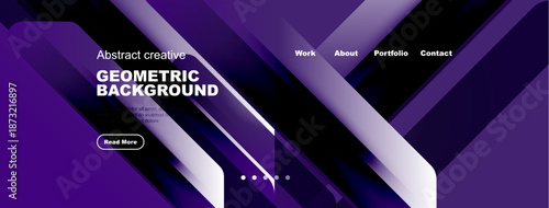Modern website header design. Purple gradients, geometric shapes, text overlays, navigation menu present. Clean, professional aesthetic.