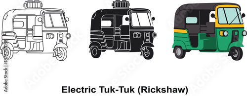 Collection of electric tuk-tuk rickshaw icons in outline silhouette and color vector styles for transportation concepts