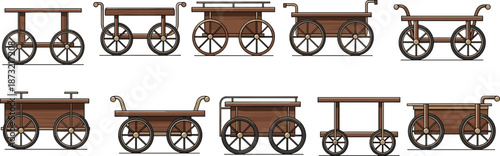 Wooden carts with wheels, rustic design, transport trolleys, flatbed carts, compartment carts, handle styles, mobility furniture, vintage utility