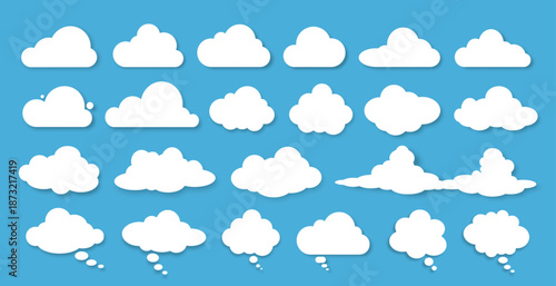 A set of silhouettes of clouds and speech bubbles with a white shadow of various shapes and sizes on a blue background. Elements for your design. Vector EPS 10.