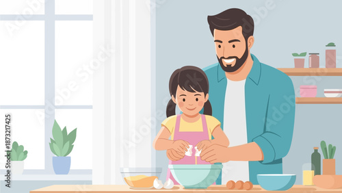 A charming flat design illustration showcasing a father and daughter enjoying quality time together while baking in the kitchen. 