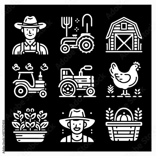 Set of white line icons depicting farming and agriculture symbols on a black background with a minimalist style.