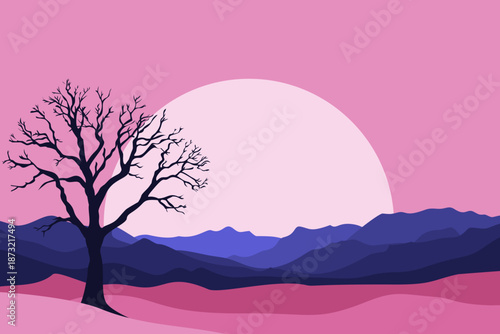Minimalist pink vector illustration of barren tree silhouette with pink sun over blue mountains and magenta plain landscape artwork