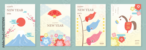 Happy New Year 2026 greeting card vector set with Japanese pattern backgrounds, Mount Fuji, red sun, pine and plum blossoms, and Year of the Horse design.