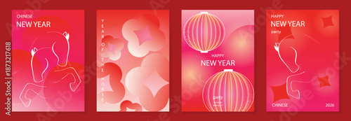 Chinese New Year 2026 horse vector greeting card illustration with red lanterns golden ribbons and floral gradient background. Festive lunar new year design for invitation poster banner decoration.