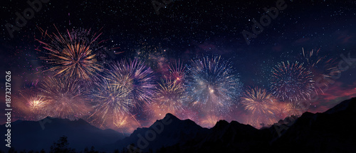 Celebratory fireworks display over mountain landscape night sky spectacular visuals vibrant colors