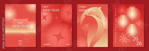 Chinese New Year 2026 horse vector greeting card illustration with red lanterns golden ribbons and floral gradient background. Festive lunar new year design for invitation poster banner decoration.