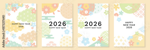 Happy New Year 2026 Japanese greeting card vector set with patterns, plum blossoms, geometric motifs, and elegant gold accents. Design for posters banner and invitation.
