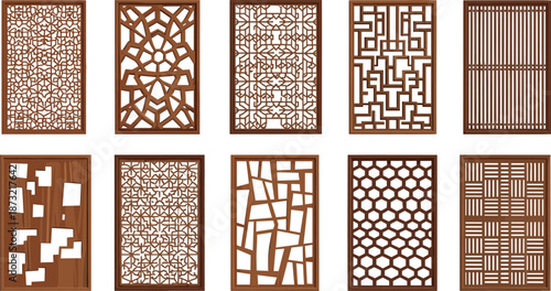 Wooden panel designs, geometric patterns, abstract wood art, decorative dividers, laser cut panels, interior decor, wall accents, craftsmanship showcase
