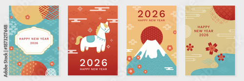 Happy New Year 2026 greeting card vector set with Japanese pattern backgrounds, Mount Fuji, red sun, pine and plum blossoms, and Year of the Horse design.