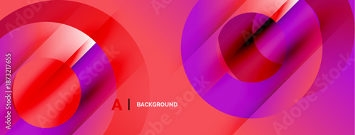 Abstract vibrant design. Overlapping circles create dynamic visual effect. Red, purple hues dominate composition. Modern aesthetic.
