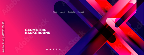 Abstract geometric design. Vibrant purple, pink hues dominate. Navigation menu present. Modern aesthetic, clean lines visible.