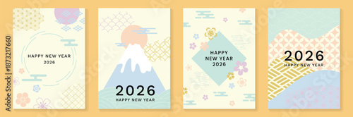 Happy New Year 2026 greeting card vector set with Japanese pattern backgrounds, Mount Fuji, red sun, pine and plum blossoms, and Year of the Horse design.
