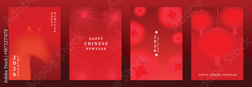 Chinese New Year 2026 horse vector greeting card illustration with red lanterns golden ribbons and floral gradient background. Festive lunar new year design for invitation poster banner decoration.