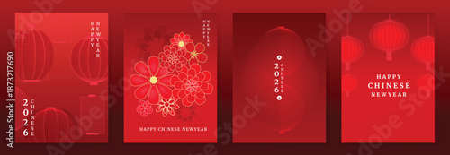 Happy Chinese New Year 2026 lantern vector poster set with red gradient background, floral line art, and hanging lanterns. Elegant traditional design for greeting cards, invitations and banners.