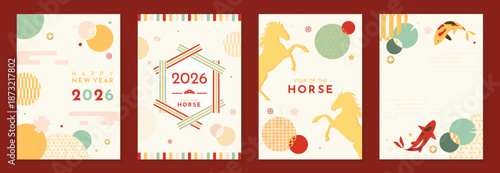 Happy New Year 2026 greeting card vector illustration with Japanese pattern background and Year of the Horse design in red, green, and gold. Minimal festive template for invitations and poster.