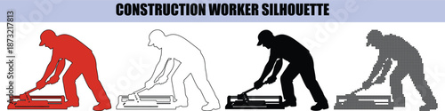Tiler Silhouette Worker Using Manual Professional Tile Cutter for Pavement