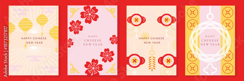Happy New Year 2026 Japanese greeting card vector set with patterns, plum blossoms, geometric motifs, and elegant gold accents. Design for posters banner and invitation.