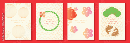 Happy New Year 2026 Japanese greeting card vector set with patterns, plum blossoms, geometric motifs, and elegant gold accents. Design for posters banner and invitation.