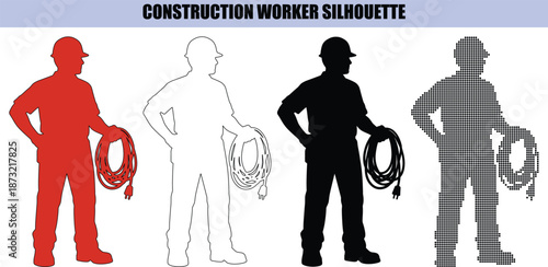 Electrician Silhouette Worker Holding Coil of Electrical Extension Wire