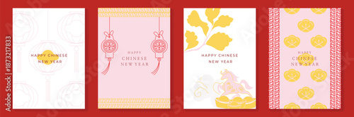 Happy New Year 2026 Japanese greeting card vector set with patterns, plum blossoms, geometric motifs, and elegant gold accents. Design for posters banner and invitation.