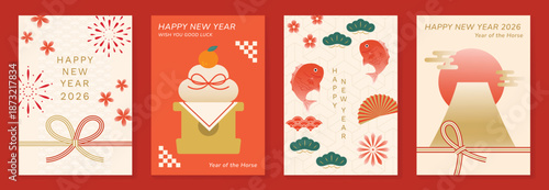 Happy New Year 2026 Japanese greeting card vector set with traditional patterns, gold textures, plum blossoms, mizuhiki ribbon, and Mount Fuji. Modern minimal design for posters and invitation.